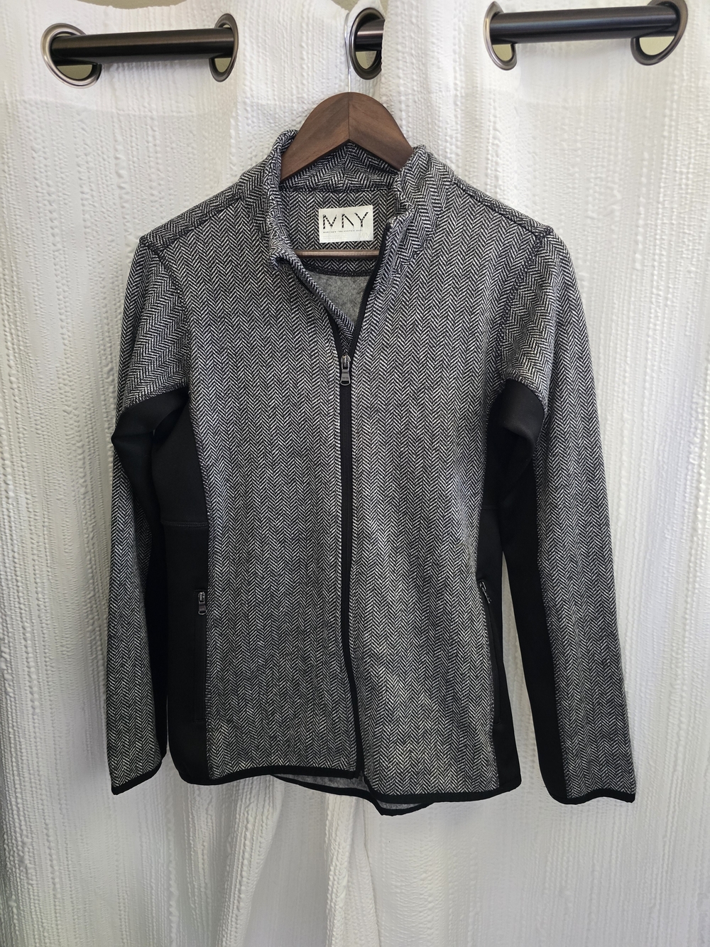 Women's Black & White Herringbone Utility Zip Jacket